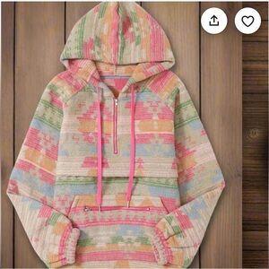 Pink Aztec Southwestern Tribal Half Zip Hoodie Jacket in Multicolor. Size L